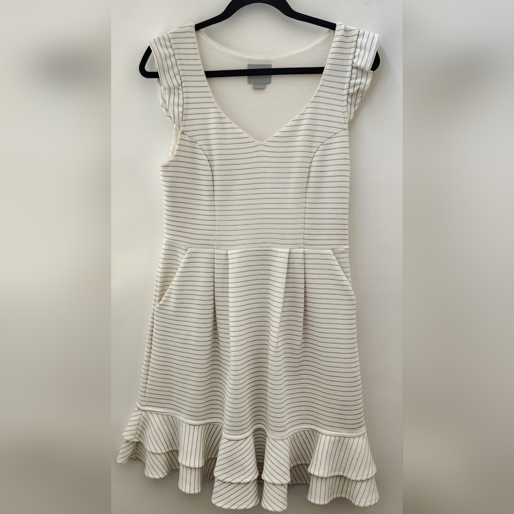 Anthropologie Maeve‎ Sunland Striped V Neck Ruffle Sleeve Knit Pockets Dress 10